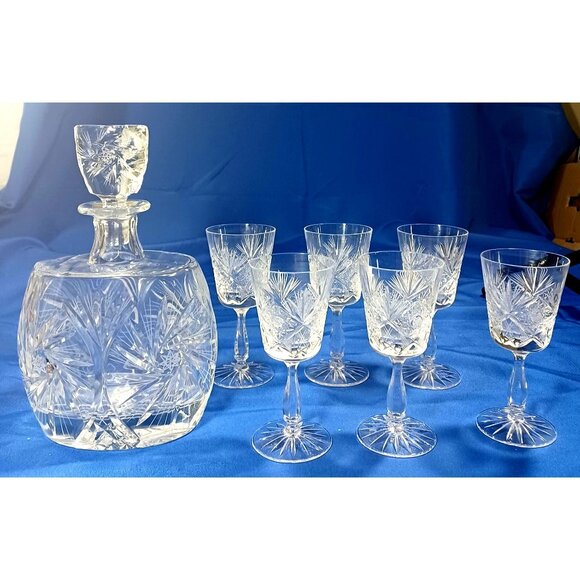 Vtg Bohemian Cut Lead Crystal Decanter 6 Wine Sherry Cordial Glasses Set - Picture 7 of 16